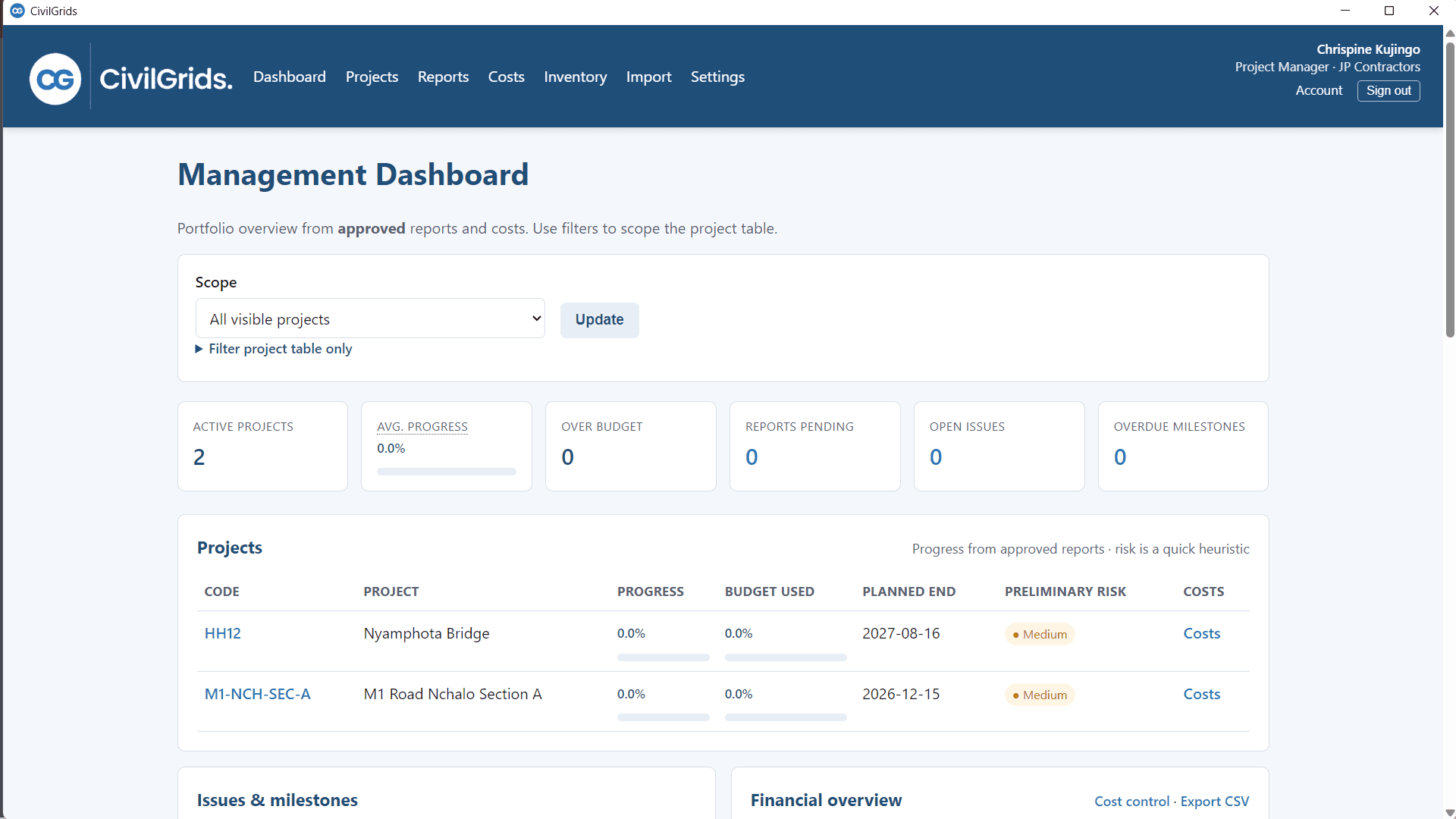 CivilGrids project dashboard