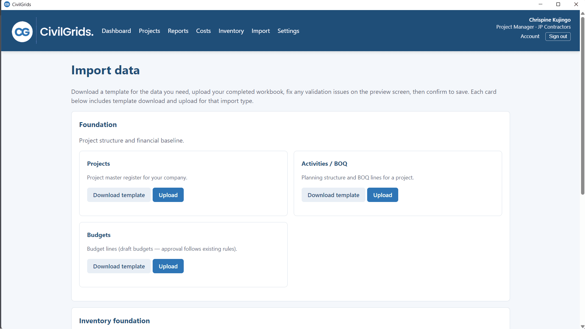 CivilGrids data import